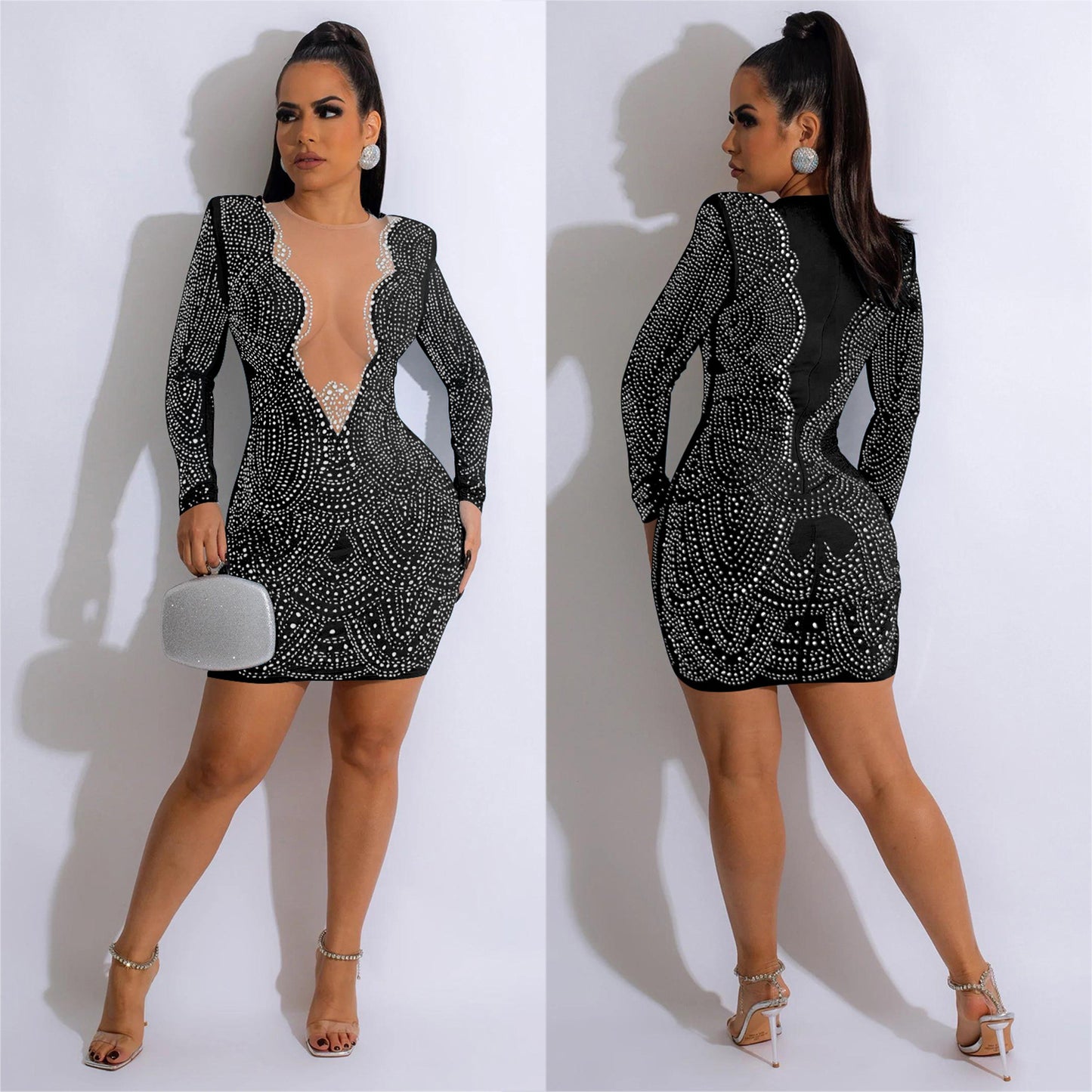 Women's Fashion Wear Solid Color Rhinestone Mesh Dresses