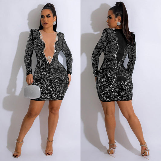 Women's Fashion Wear Solid Color Rhinestone Mesh Dresses