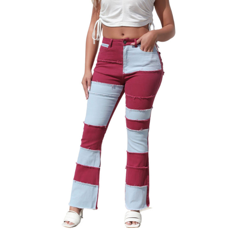 Women's Color Contrast Patchwork High Waist Tight Hip Horn Jeans