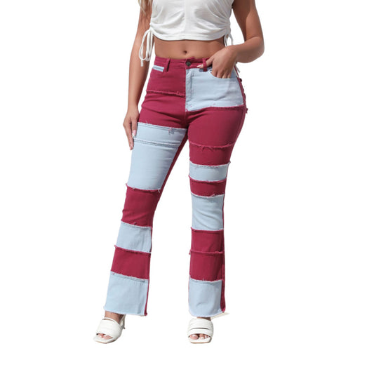 Women's Color Contrast Patchwork High Waist Tight Hip Horn Jeans