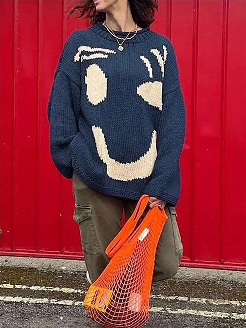 Women's Smiley Face Contrast Color Loose Slimming Sweaters