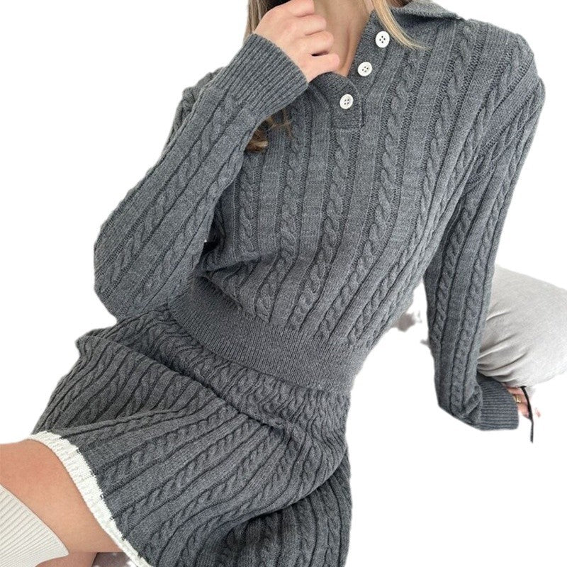 Women's Long Sleeve Knitted Button Dress Two-piece Fashion Casual Suit