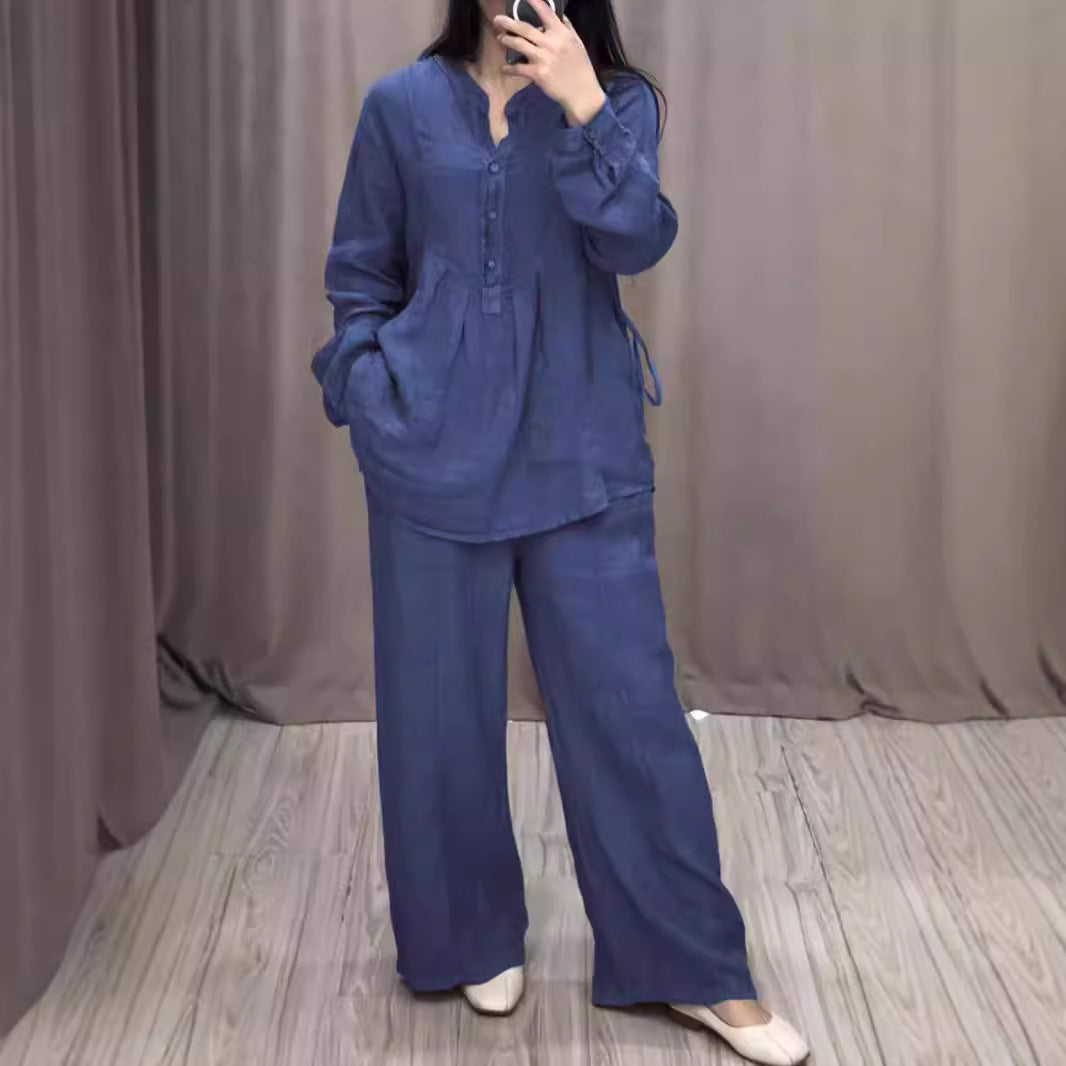 Autumn Comfortable Cotton Linen Long Sleeve Half Pleating Fashion Casual Suit