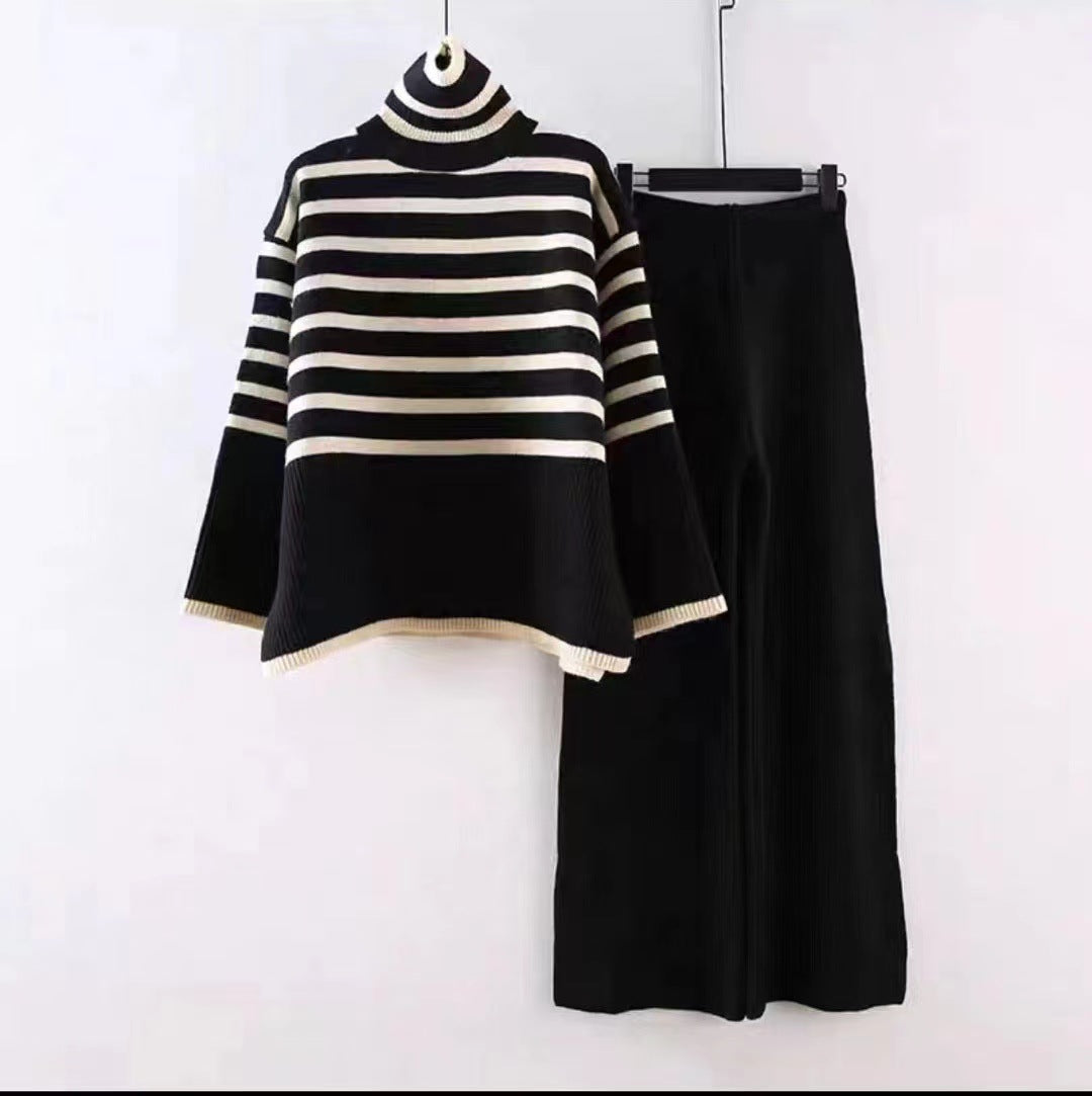 Women's Loose High Neck Knitted Waist Straight Suits