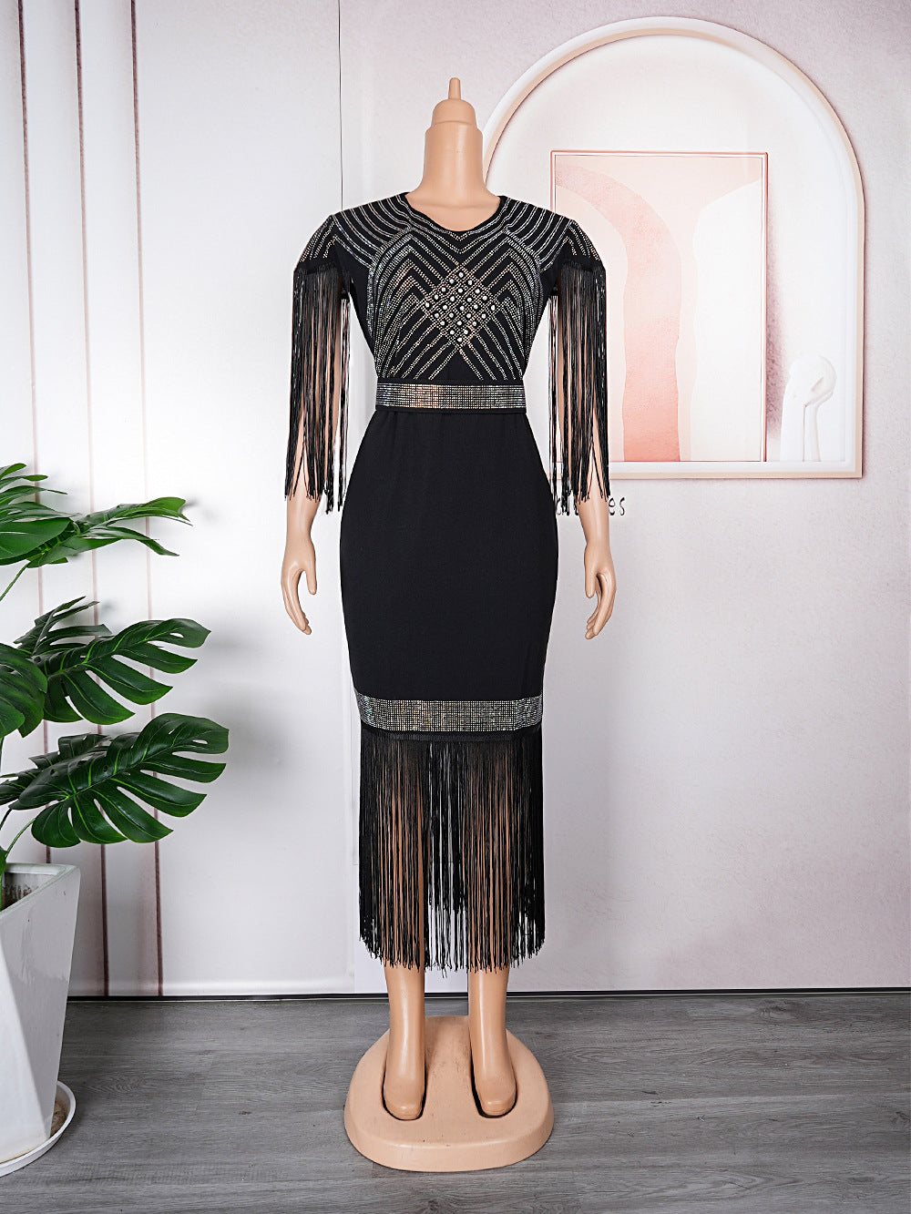 Women's Fat Clothes African Rhinestone Tassel Dress Dresses