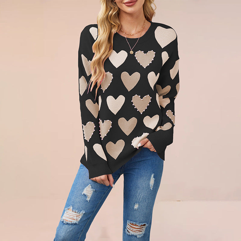 Day Round Neck Handmade Beaded Heart Sweaters