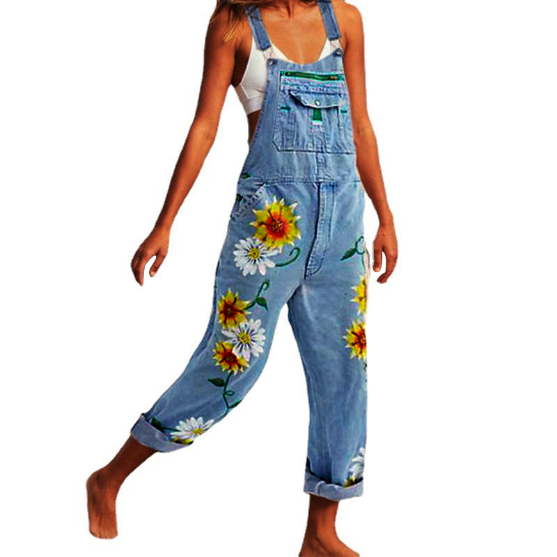 Women's Slouchy Printed Suspenders Denim Suspender Jeans