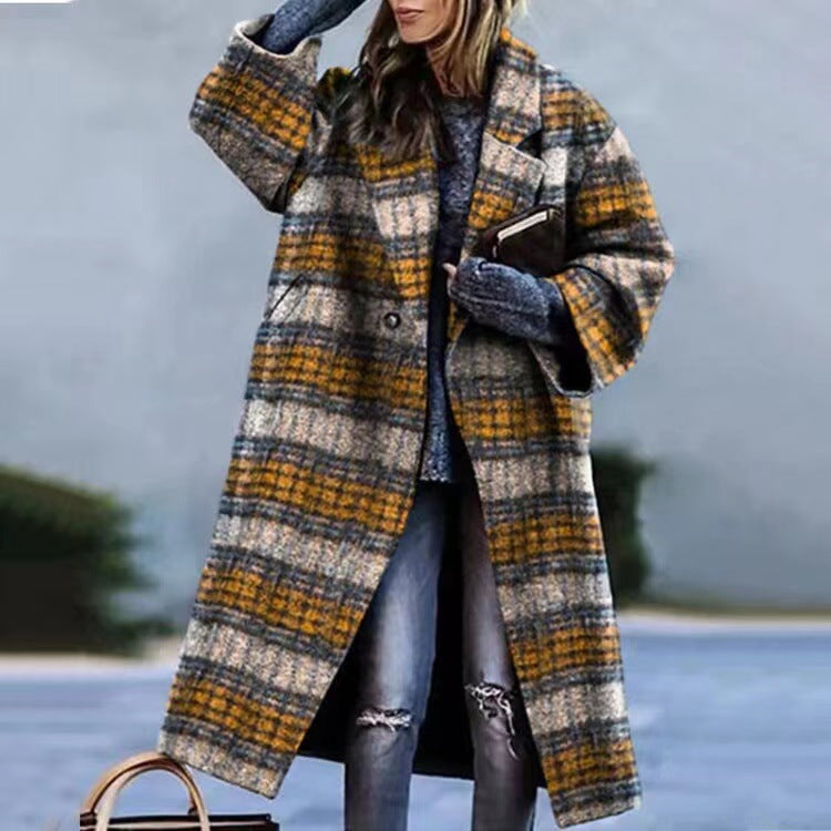 Women's Autumn Color Matching Plaid Long Sleeve Coats