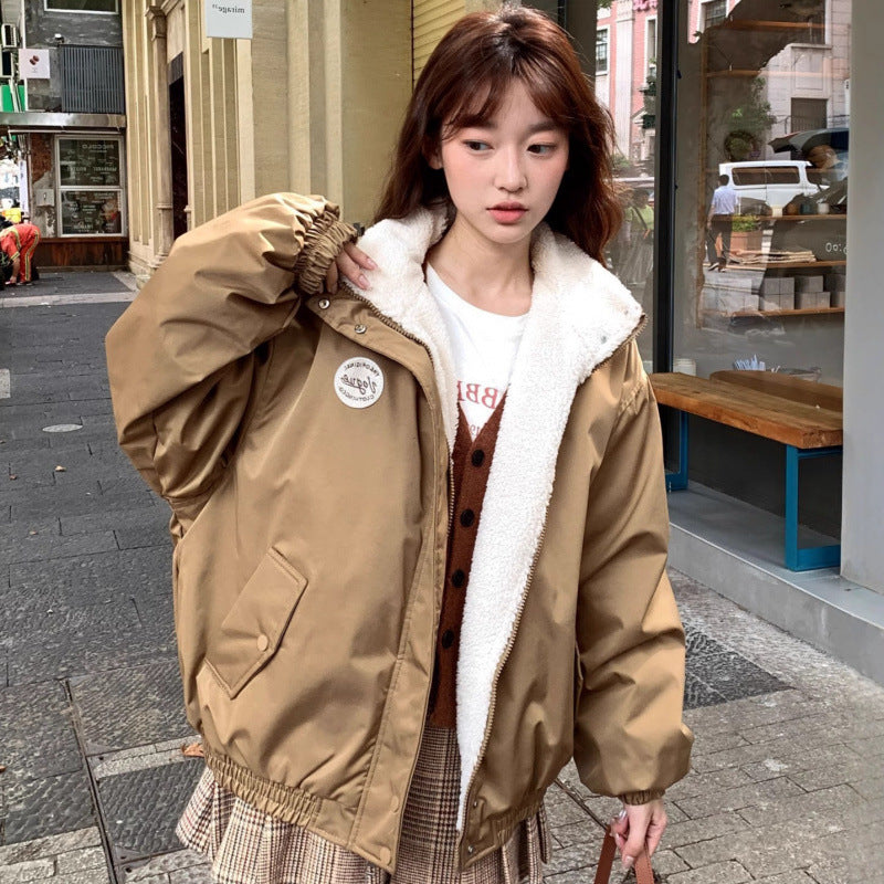 Women's Style Badge Stand Collar Loose Slimming Veet Padded Coats