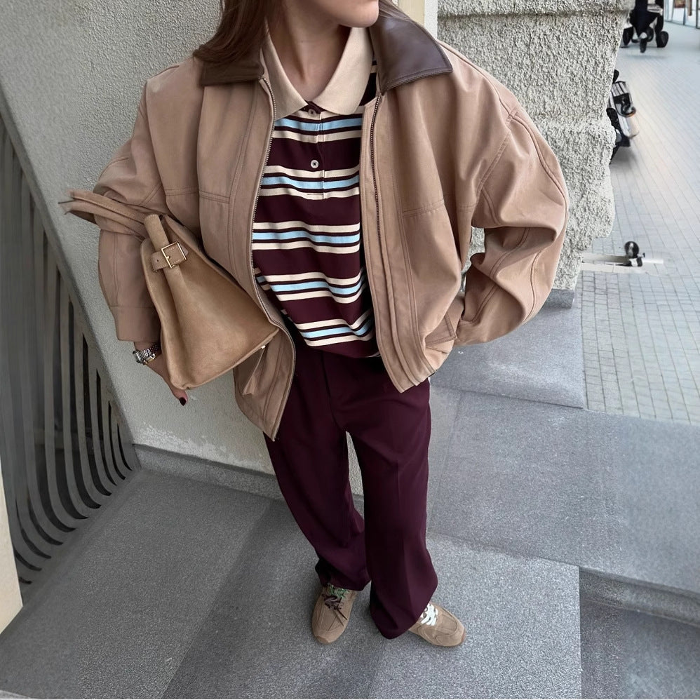 Women's Tooling Style Stitching Collar Large Pocket Long Sleeve Loose Coats
