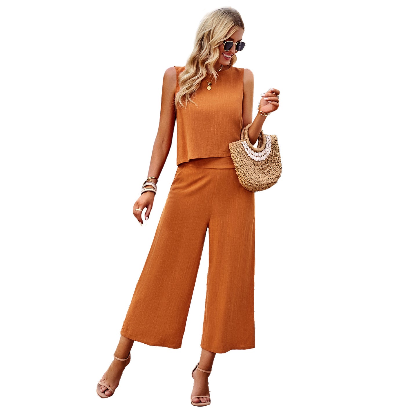Women's Solid Color Two-piece Set Summer Elegance Sleeveless Pants