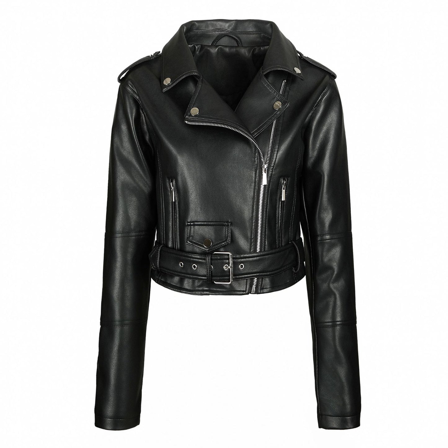 Women's Locomotive Style Leather Lapel Zipper Belt Jackets