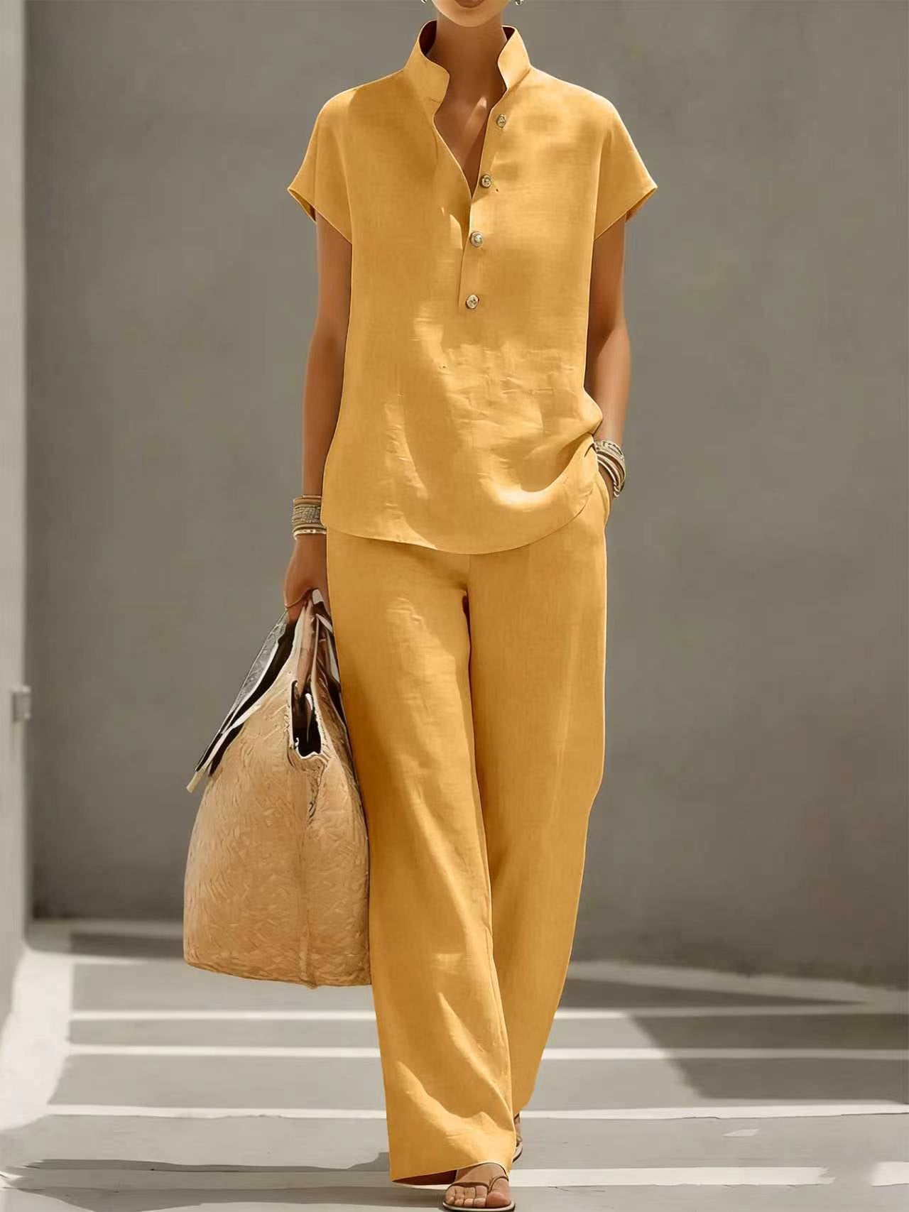 Women's Two-piece Summer Solid Color Sleeve Shirt Trousers Shorts