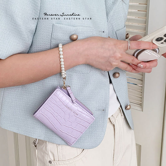 Women's Korean Style Fashion Crocodile Pattern Pearl Chain Ladies Wallets
