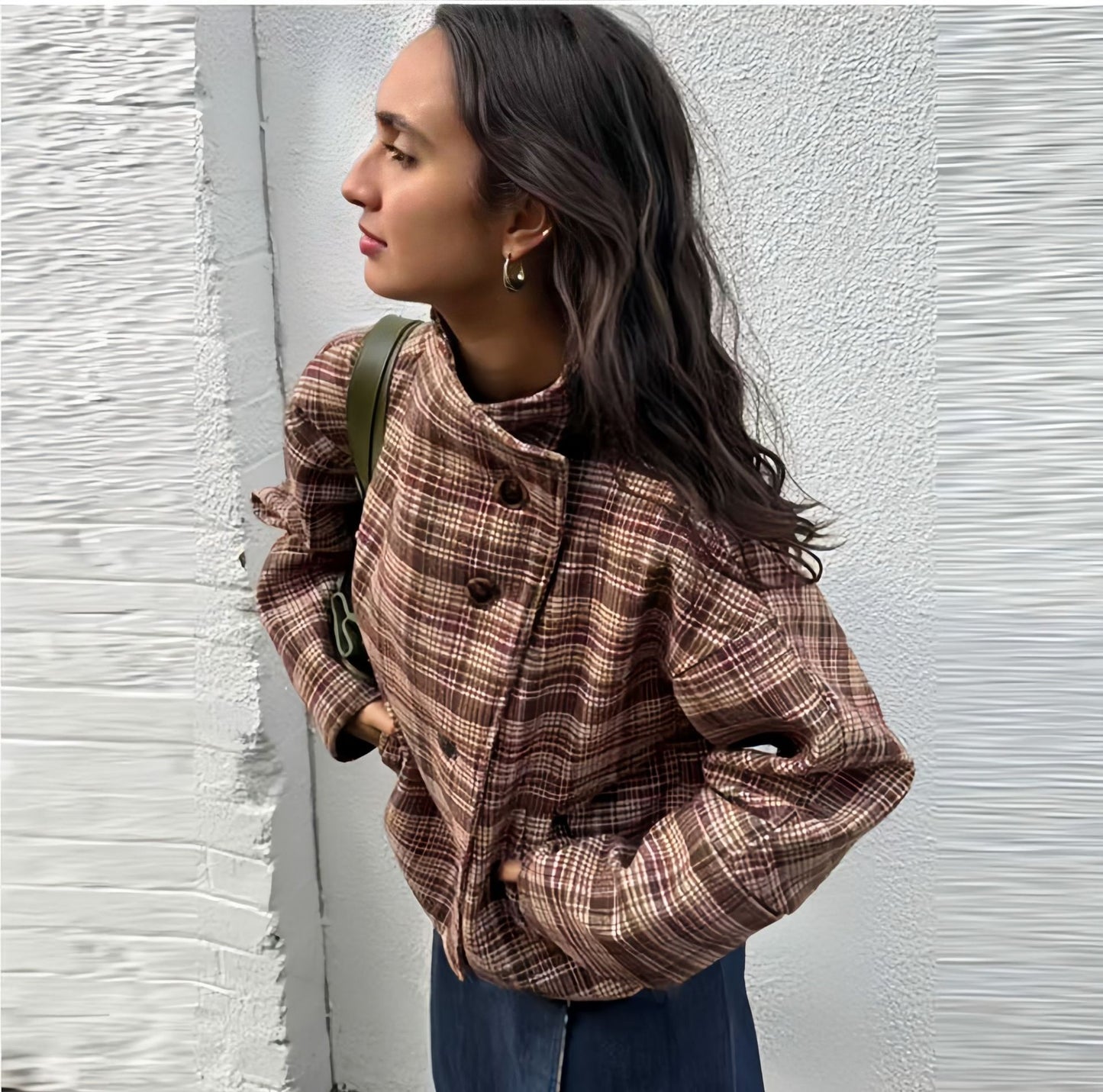 Women's Graceful Stand Collar Button Chic Plaid Coats