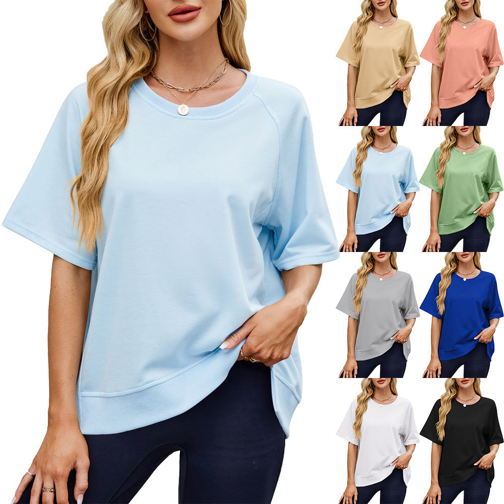 Women's Solid Color Thread Round Neck Shirt With Half Sleeve Shorts