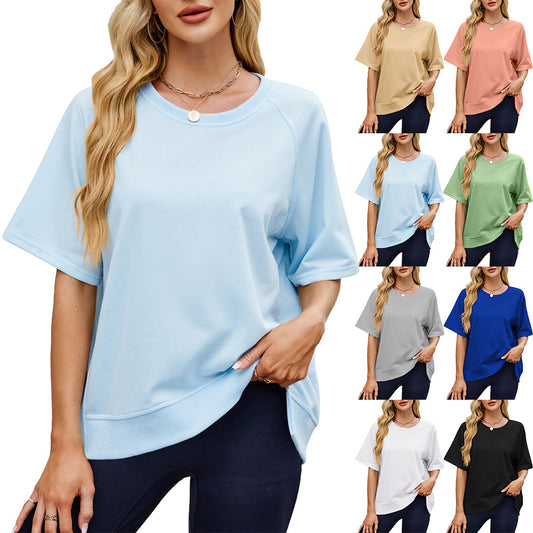 Women's Solid Color Thread Round Neck Shirt With Half Sleeve Shorts