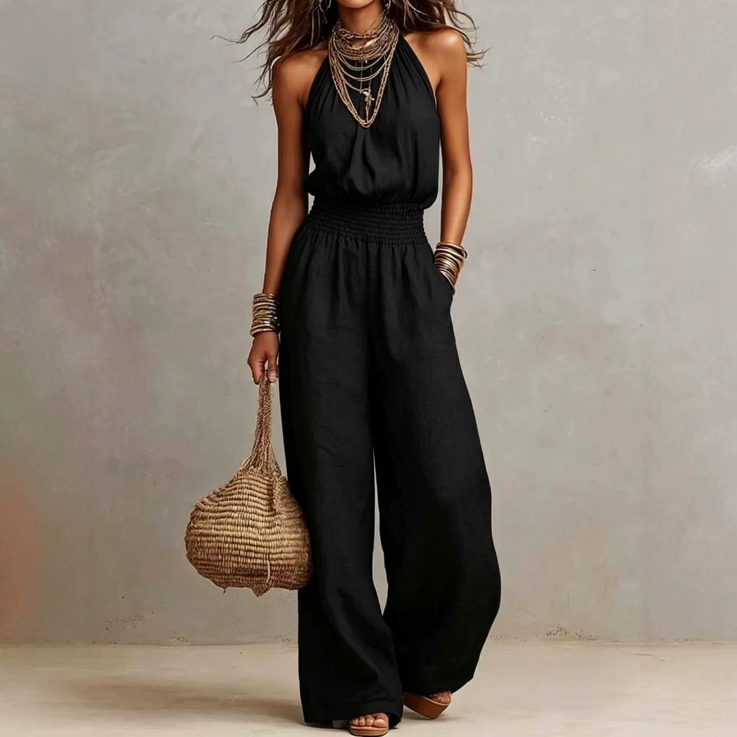 Durable Trendy Women's Sleeveless Linen Backless Women's Jumpsuit/clothing