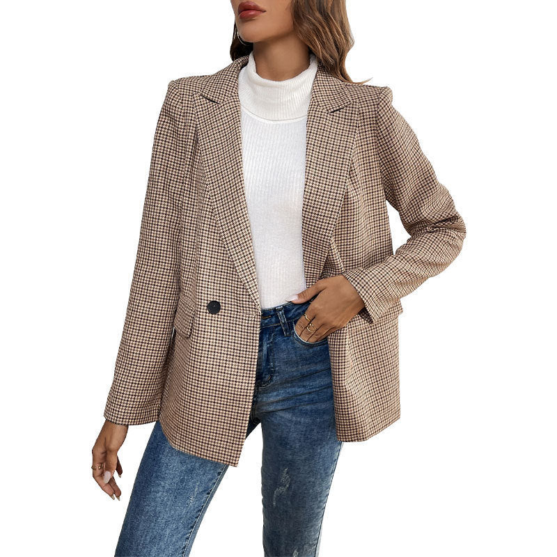 Classic Plaid Button Lapel Pocket Commuter Blazers