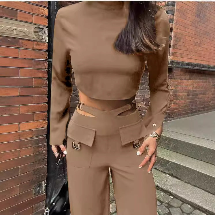 Women's Autumn Turtleneck Solid Color Navel Sweet Spicy Style Loose Suits