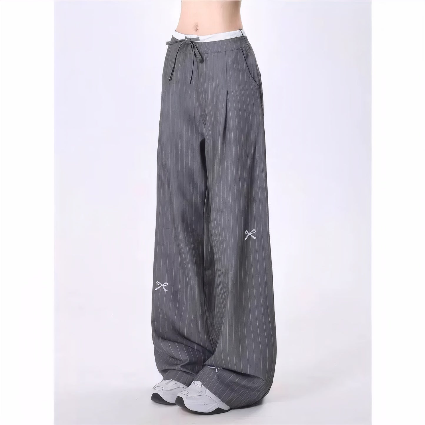 Women's Bow Casual High Waist Straight Gray Pants