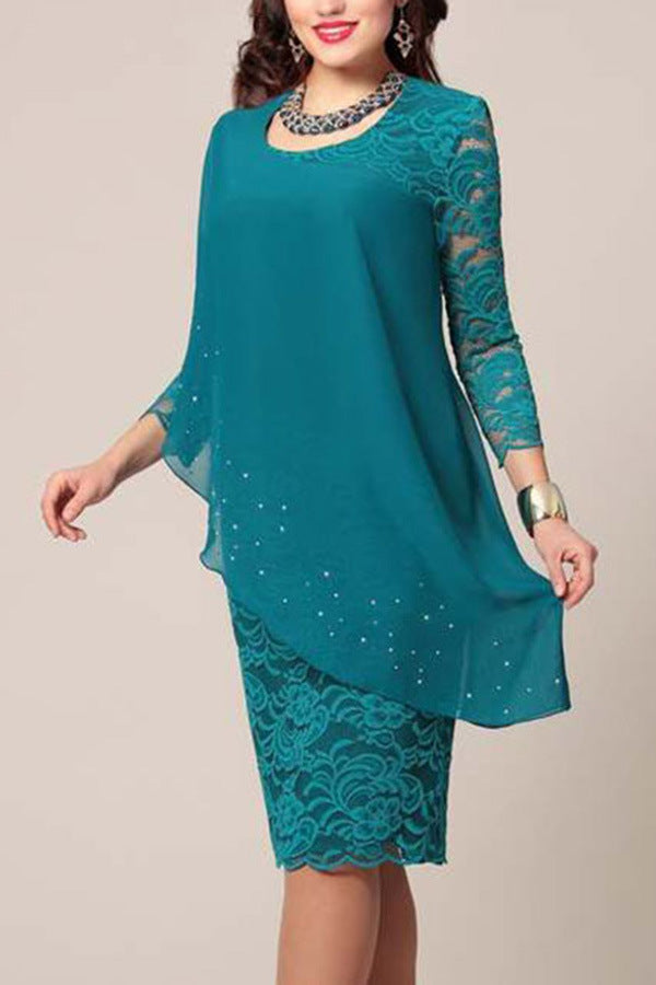 Solid Color Lace Stitching Elegant Cropped Sleeves Dresses