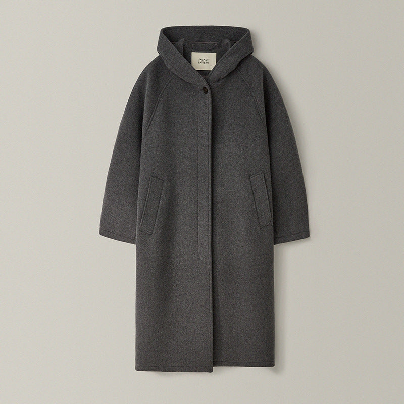 Women's Hooded Wool Overcoat Loose Temperament Breasted Coats