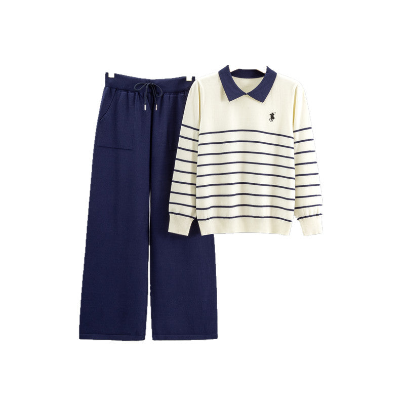 Women's Polo Collar Striped Knitting Loose Temperament Suits