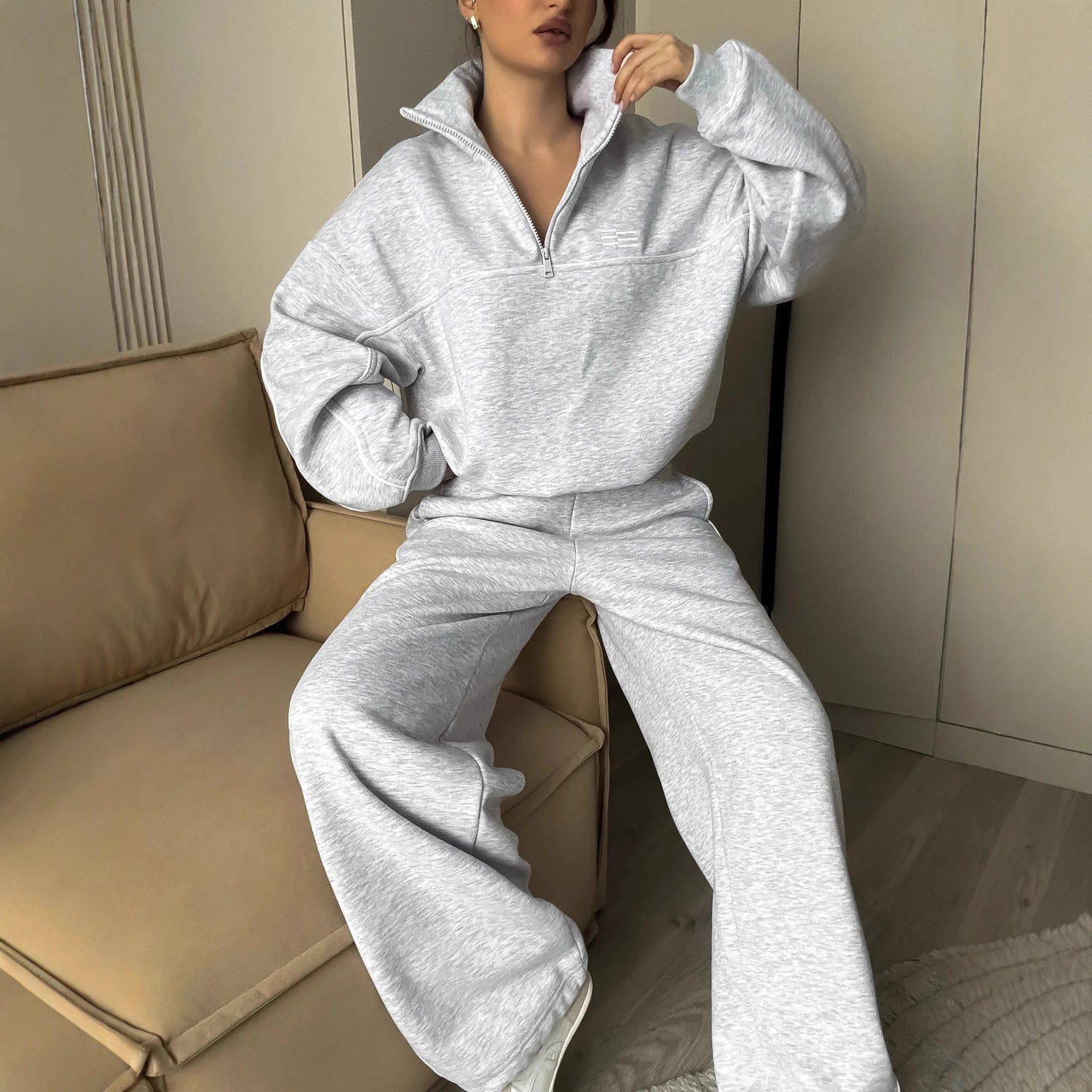 Women's Solid Color Long Sleeve Half Pullover Elastic Trousers Tops