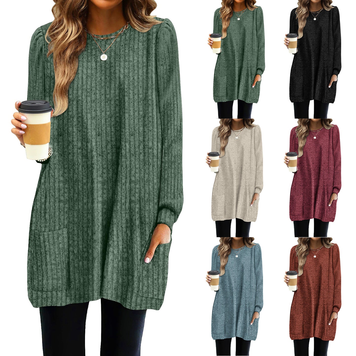Pocket Lengthened Loose Casual Bubble Long-sleeved Women's T-shirt