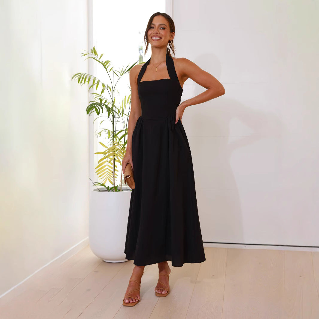 Women's Temperament Pure Color Square Collar Sleeveless Halter Dress