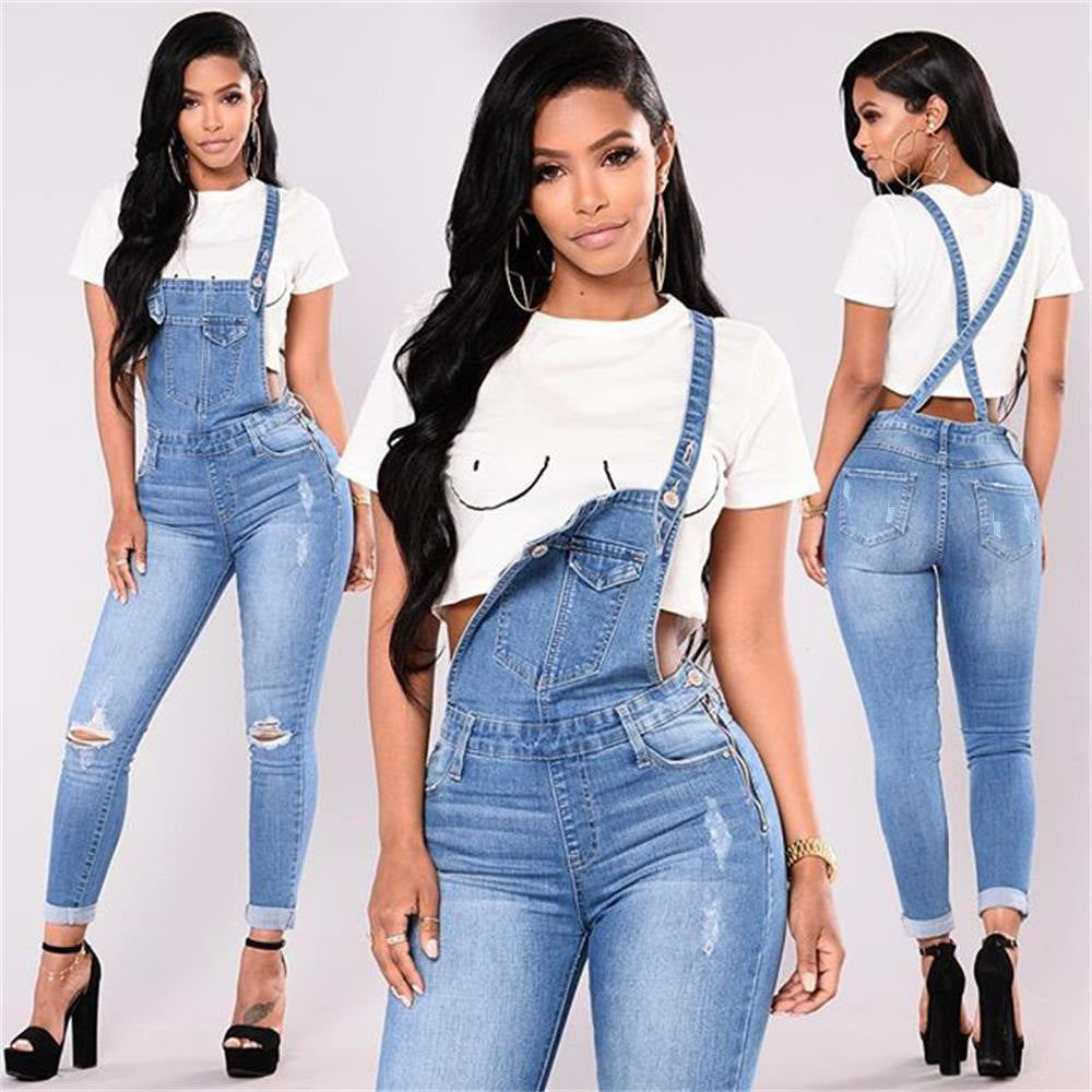 High Quality Ripped Hip Lifting Suspender Jeans