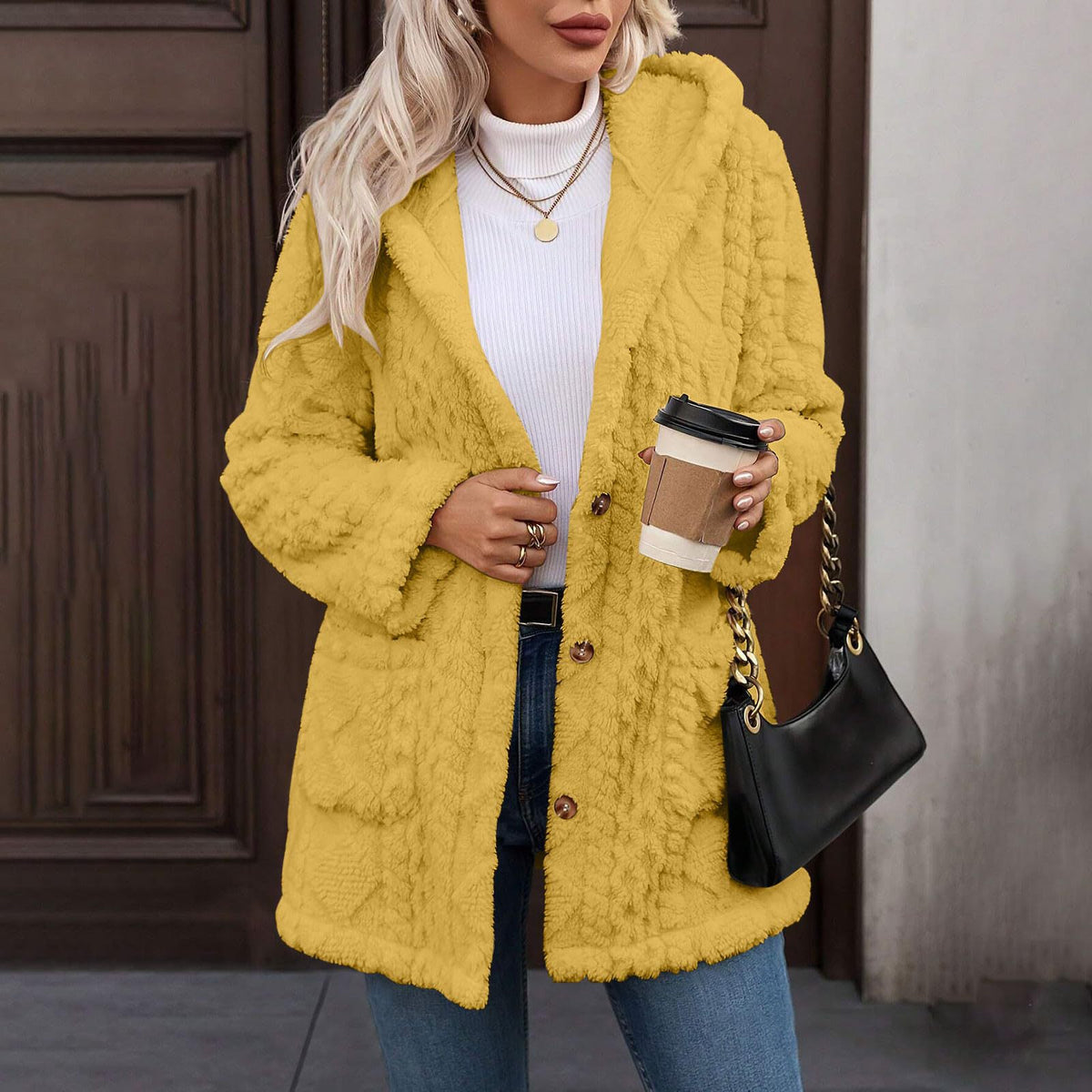 Hooded Solid Color Button Long Sleeve Women's Sweater, Sweater