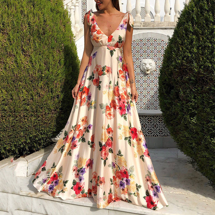 Women's Clothes Exposed Back Printed Large Swing Sleeveless Dress