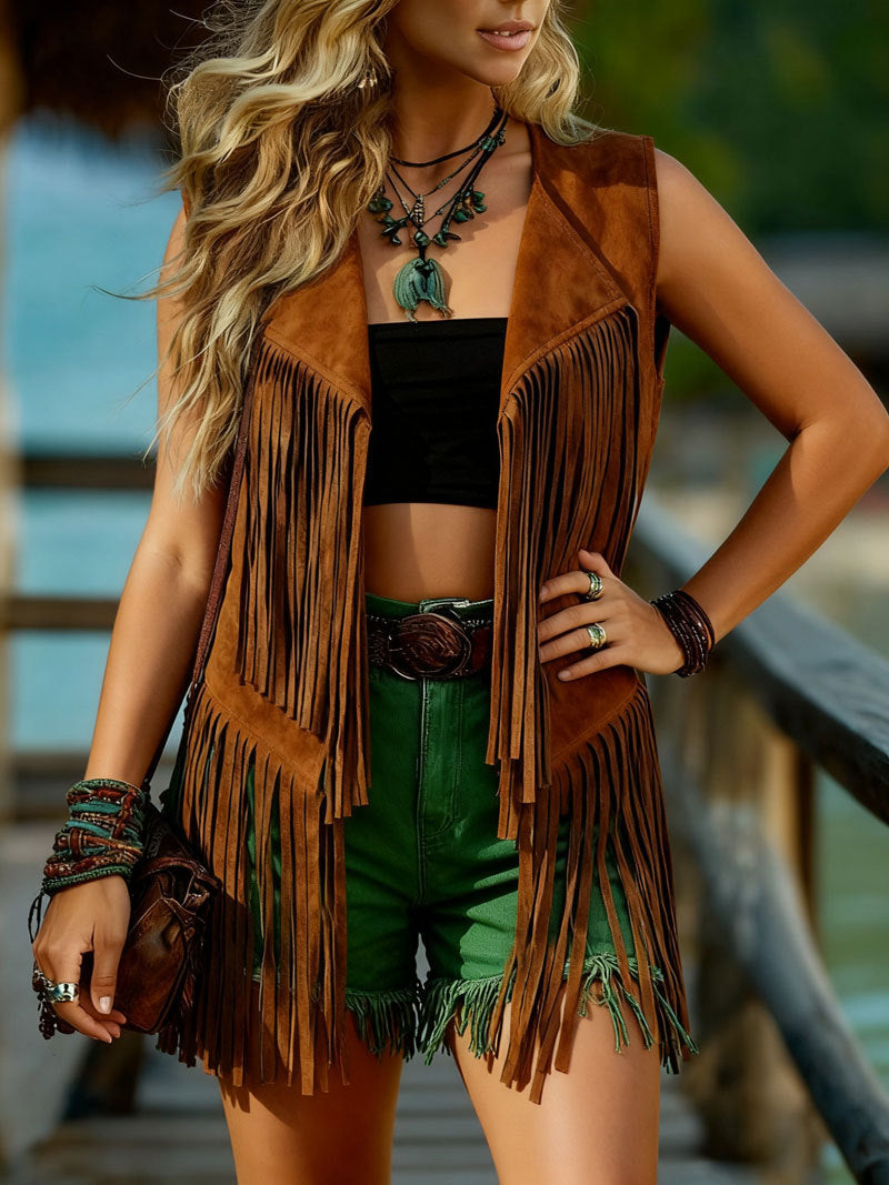 Women's Thick Tassel Suede Loose Baggy Slim Vests