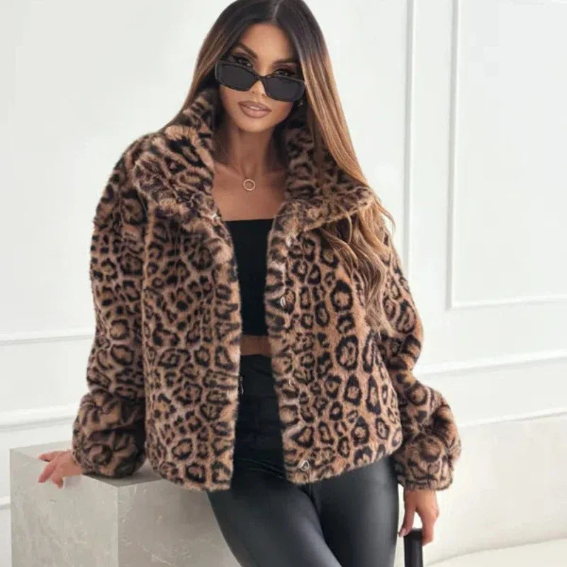 Women's Fashion Faux Leopard Fur Effect Jackets
