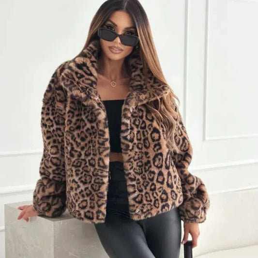 Women's Fashion Faux Leopard Fur Effect Jackets