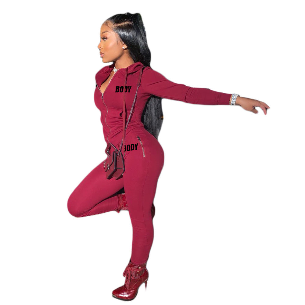 Women's Autumn Letters Printing Personality Zipper Two-piece Suits