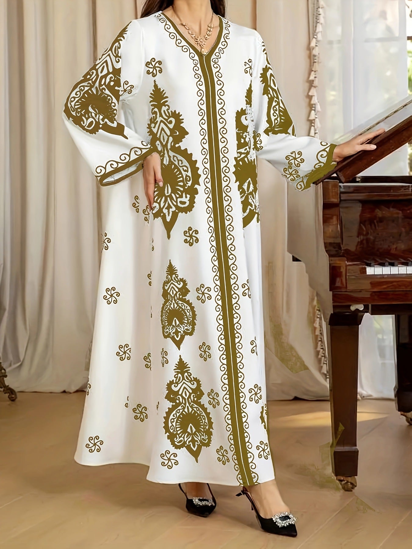 Printed Long Lantern Sleeve Casual Lace Beach Dress