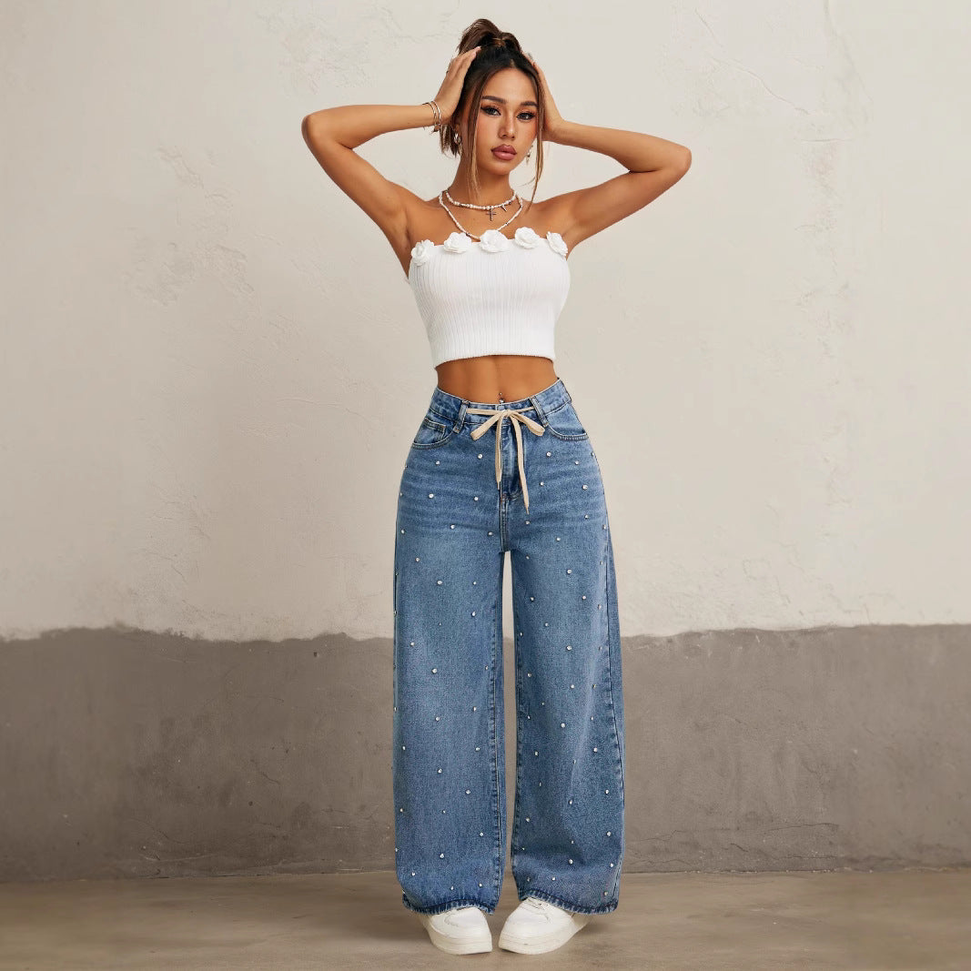 Women's Beaded Summer Waist Loose Slimming Straight Jeans