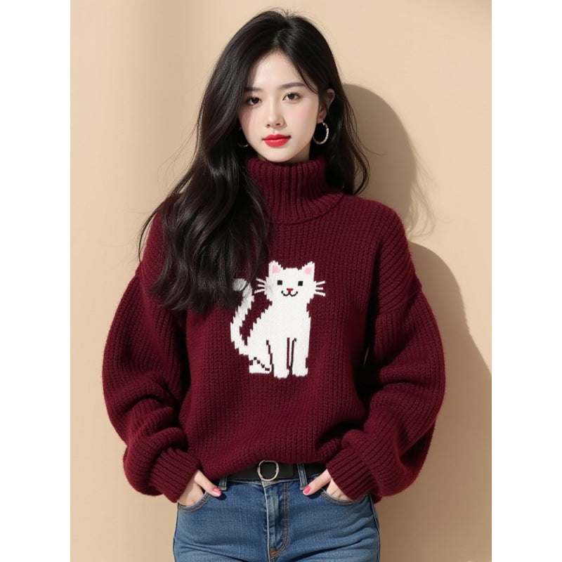 Women's Red Kitten Turtleneck Thick Winter Idle Style Sweaters