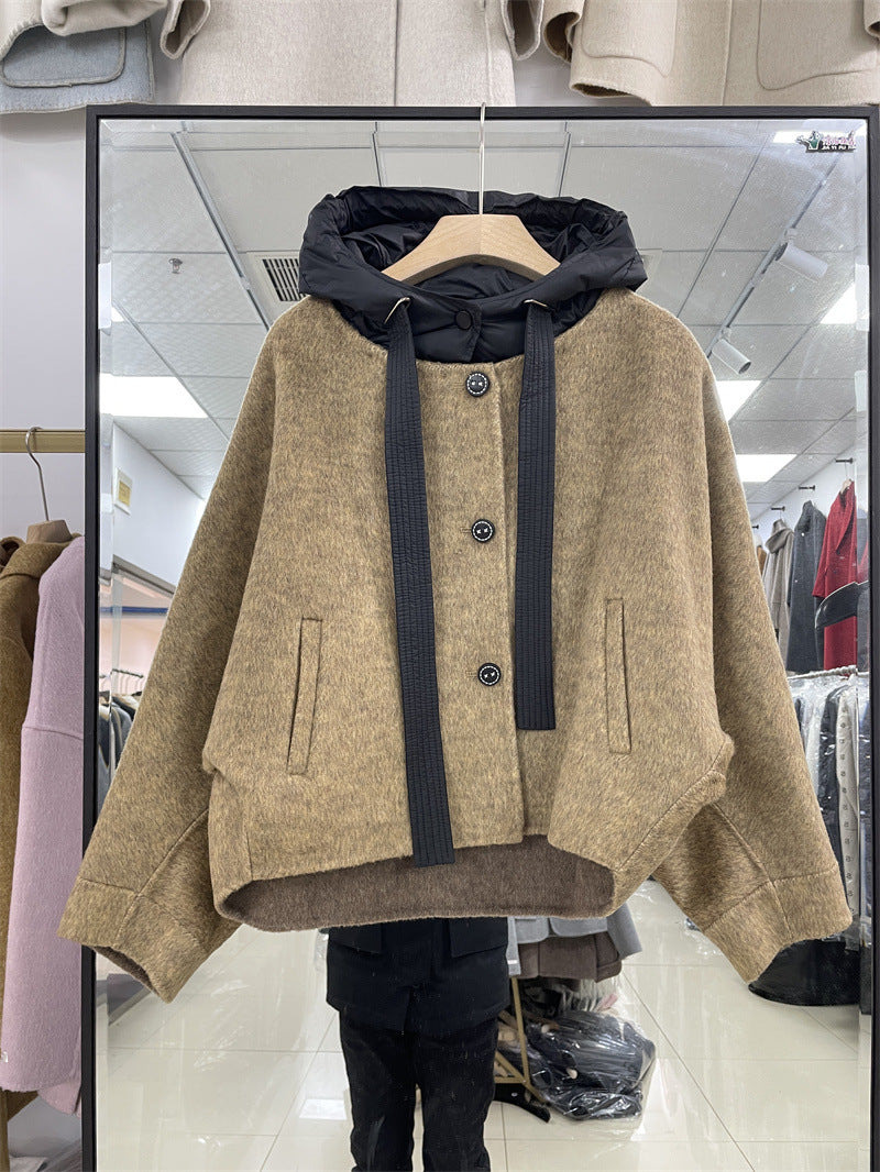 Women's Woolen Double-faced Goods Wool Overcoat Hooded Batwing Coats