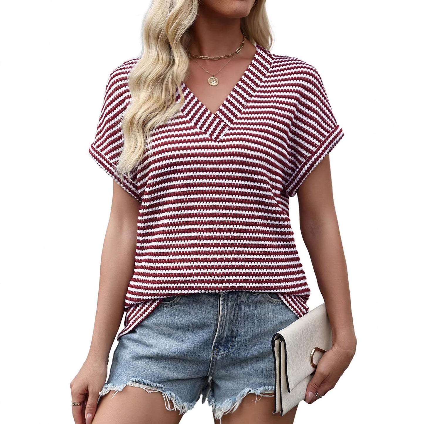 Women's Summer Striped Pineapple Plaid Loose Sleeve Women's T-shirt