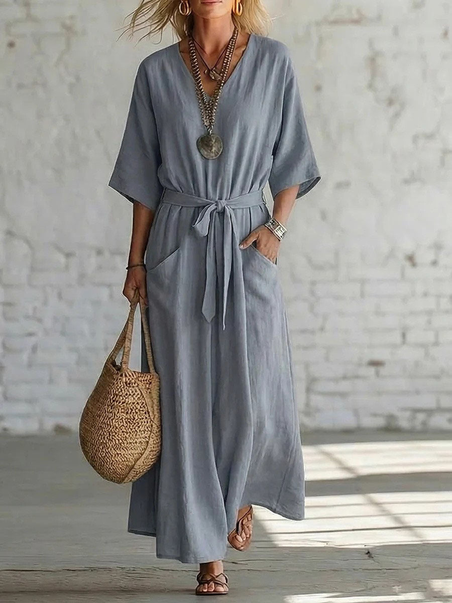 Solid Color Sleeve Vacation Style Loose Dress