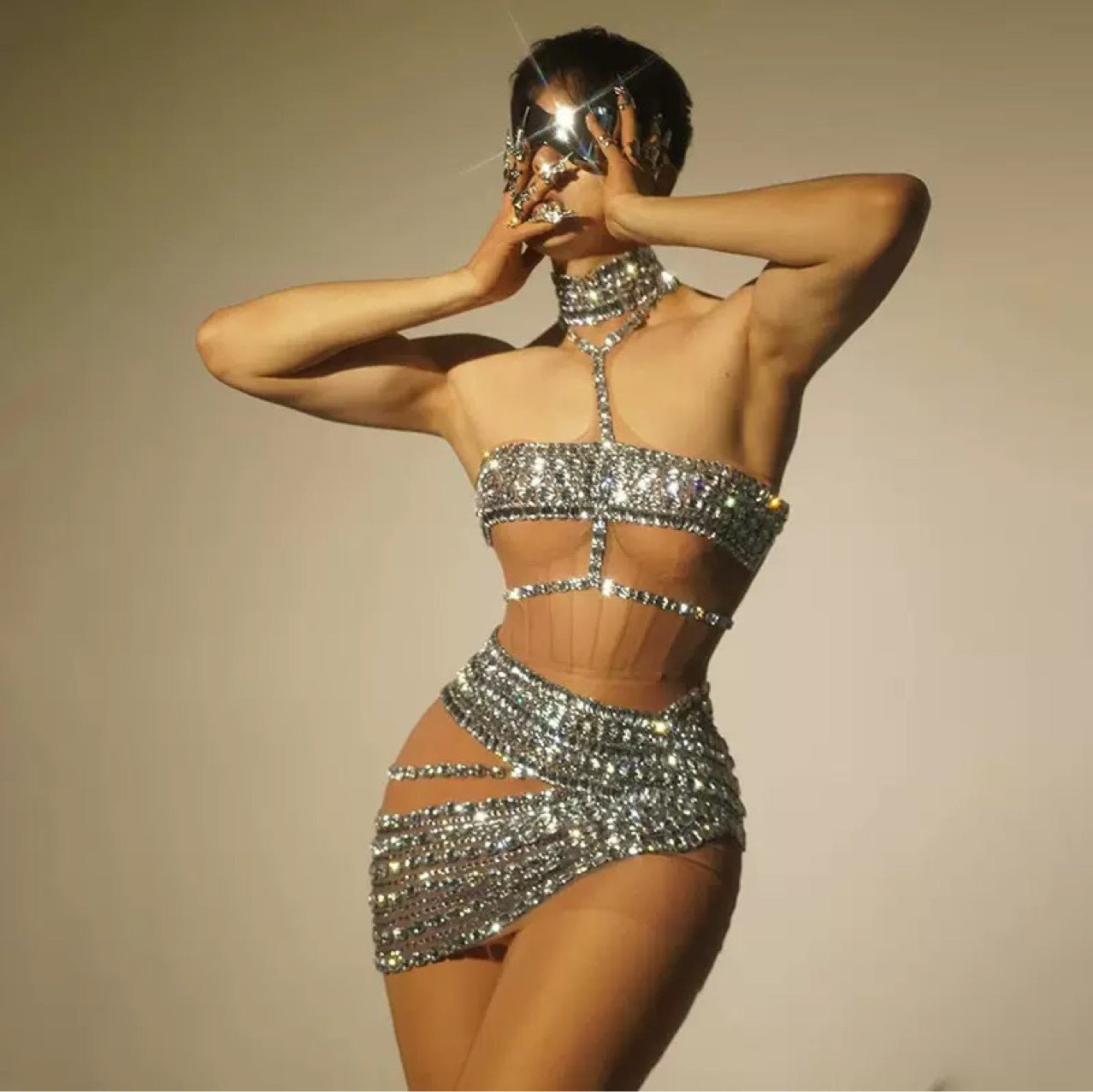 Luxury Rhinestone Sexy Halter Fake Two-piece Dresses