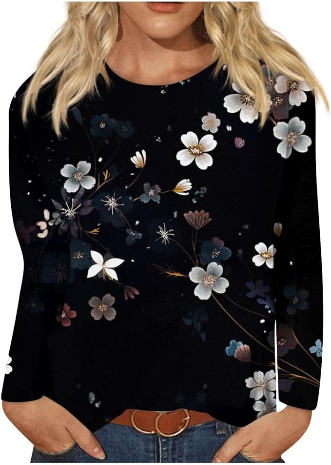 Women's Round Neck Long Sleeve Loose Print Tops