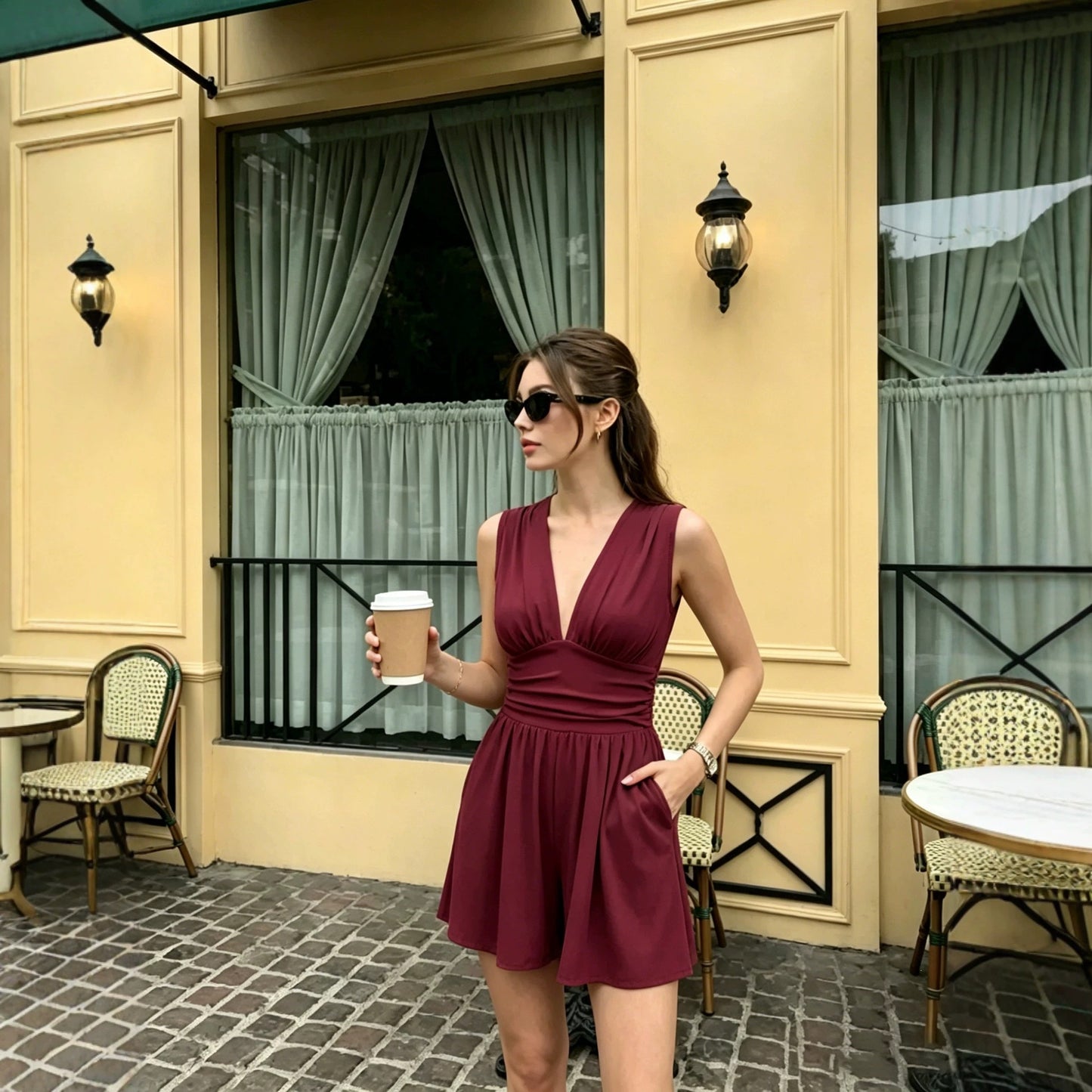 Women's Casual Deep V Stretch Sleeveless Summer Tight Waist Jumpsuits