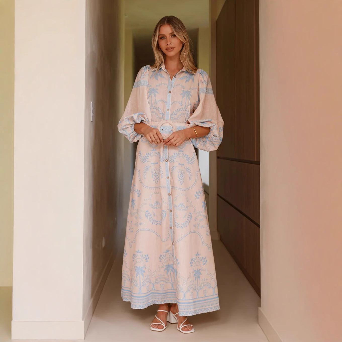 Linen Loose Casual Belt Waist Puff Dresses