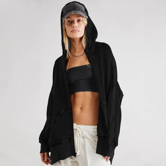 Women's Waffle Zipper Idle Style Loose Wear Cardigans
