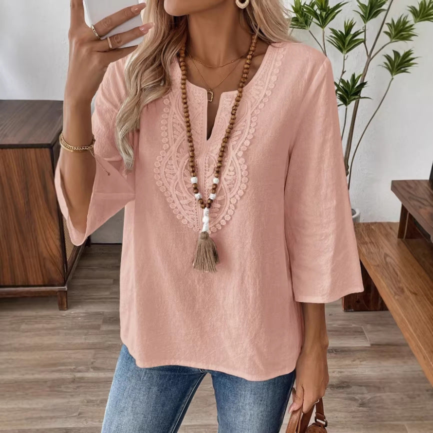 Women's Loose Solid Color Lace Stitching Sleeve Women's T-shirt